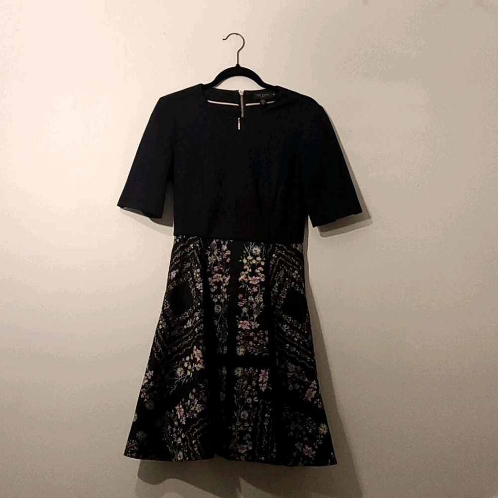 Ted Baker Dress Solid Black Top with Floral Skirt